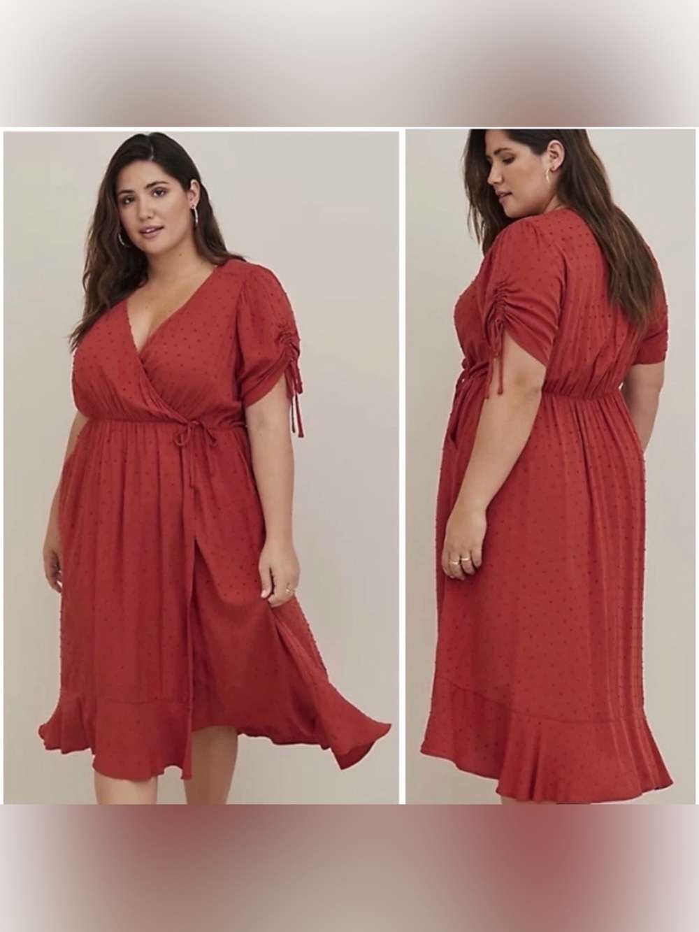 Torrid Midi Swiss Dot Linen Surplice Dress Rust Red Size 1 lightweight flowy